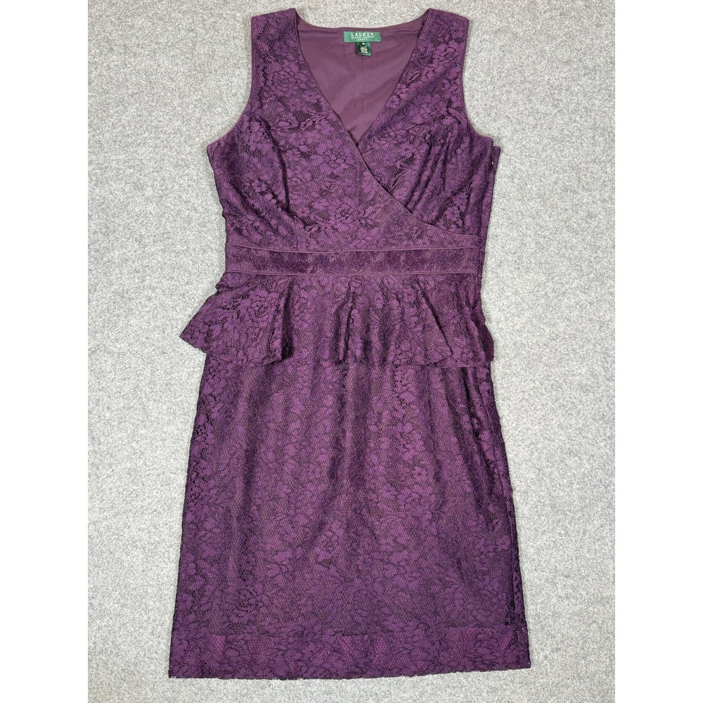 Lauren Ralph Lauren Purple Floral Lace Peplum Sheath Dress Sleeveless Size 10